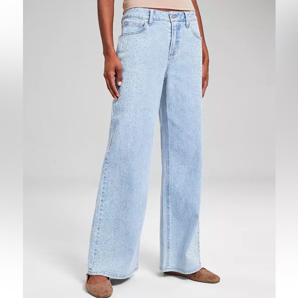 And Now This Studded Rhinestone Embellished High-Rise Wide-Leg Jeans, Size 26